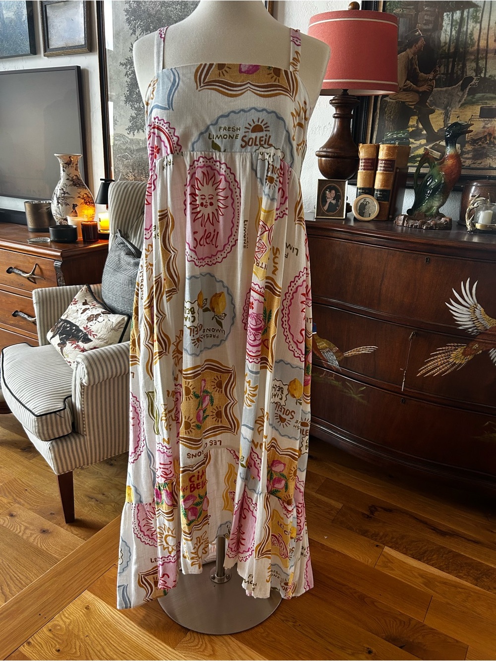 Sleeveless White Maxi Dress with Pink & Gold Print